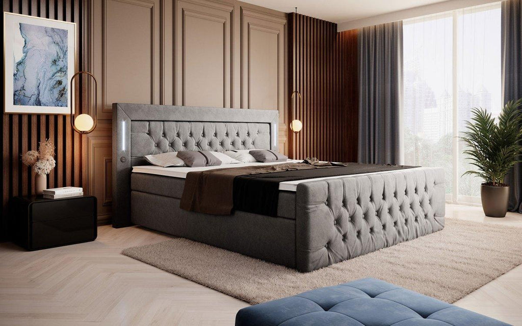 Elegantes Boxspringbett mit LED-Beleuchtung, USB-Anschluss und praktischem Stauraum