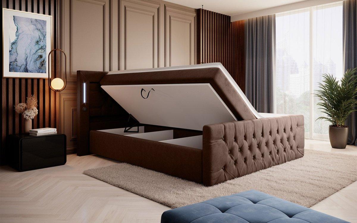Elegantes Boxspringbett mit LED-Beleuchtung, USB-Anschluss und praktischem Stauraum