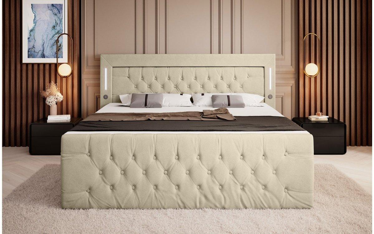 Elegantes Boxspringbett mit LED-Beleuchtung, USB-Anschluss und praktischem Stauraum