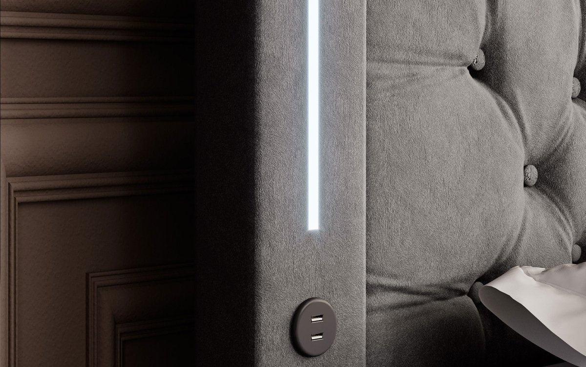 Elegantes Boxspringbett mit LED-Beleuchtung, USB-Anschluss und praktischem Stauraum