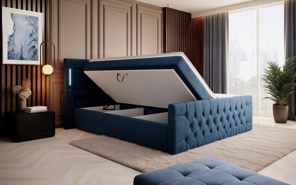 Elegantes Boxspringbett mit LED-Beleuchtung, USB-Anschluss und praktischem Stauraum