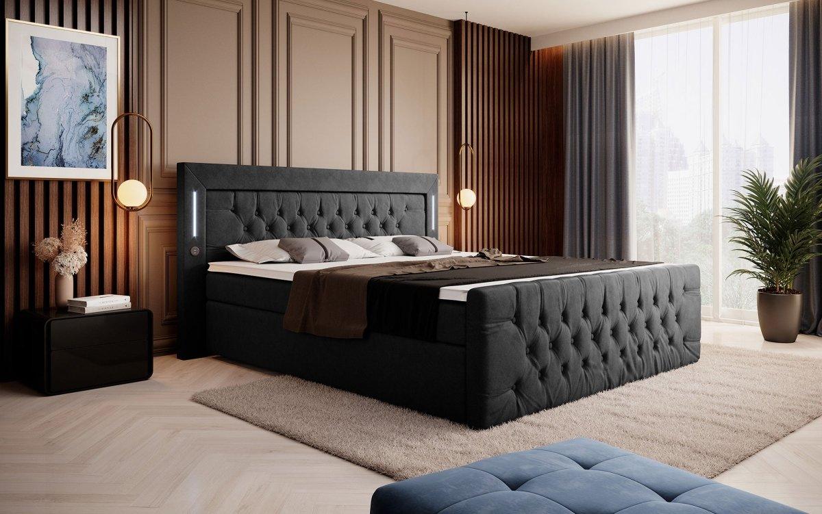 Elegantes Boxspringbett mit LED-Beleuchtung, USB-Anschluss und praktischem Stauraum