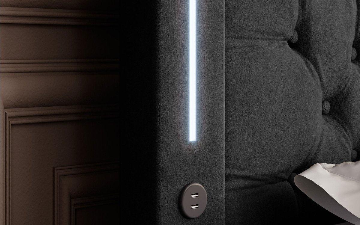 Elegantes Boxspringbett mit LED-Beleuchtung, USB-Anschluss und praktischem Stauraum
