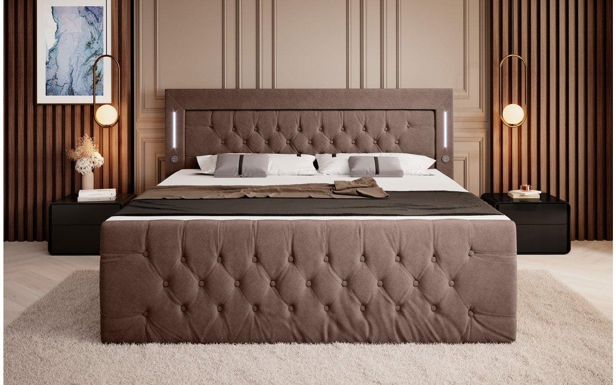 Elegantes Boxspringbett mit LED-Beleuchtung, USB-Anschluss und praktischem Stauraum