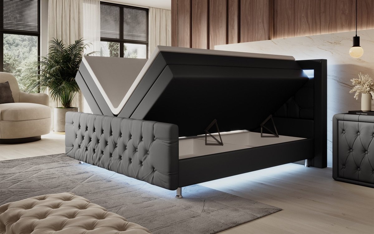 Luxuriöses Elisa Boxspringbett: LED-Beleuchtung, Stauraum, Komfort, modernes Design