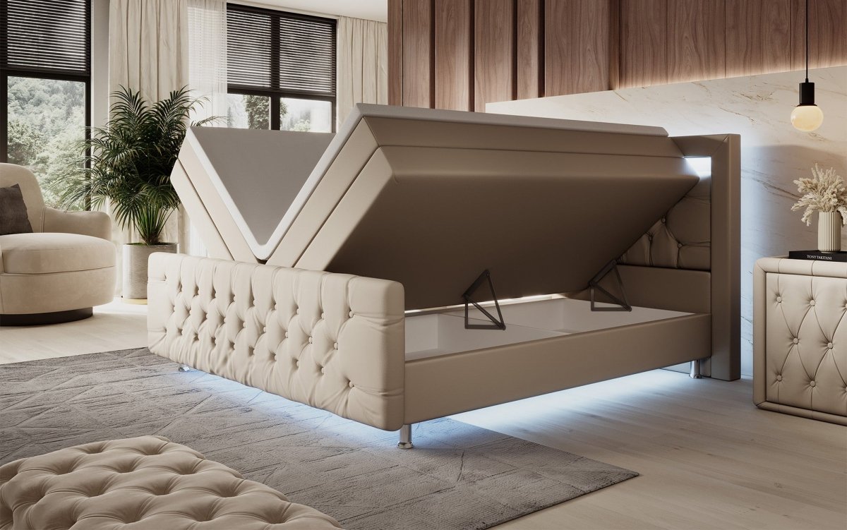 Luxuriöses Elisa Boxspringbett: LED-Beleuchtung, Stauraum, Komfort, modernes Design