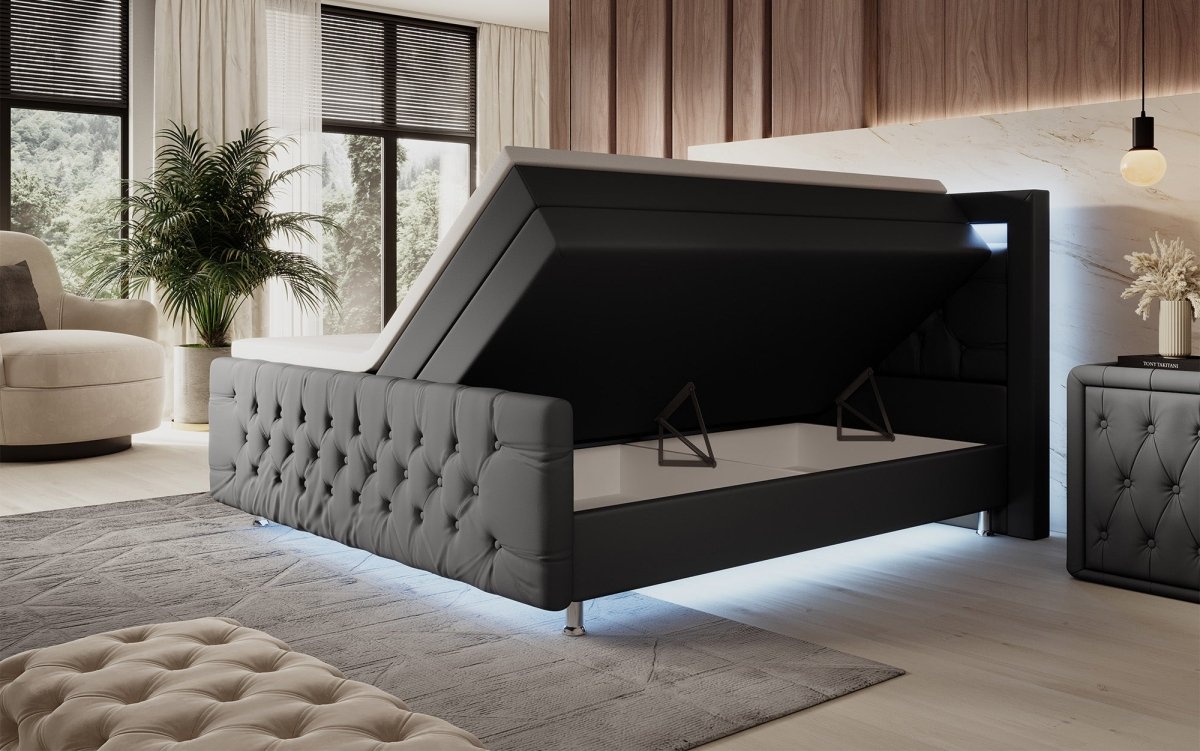 Luxuriöses Elisa Boxspringbett: LED-Beleuchtung, Stauraum, Komfort, modernes Design