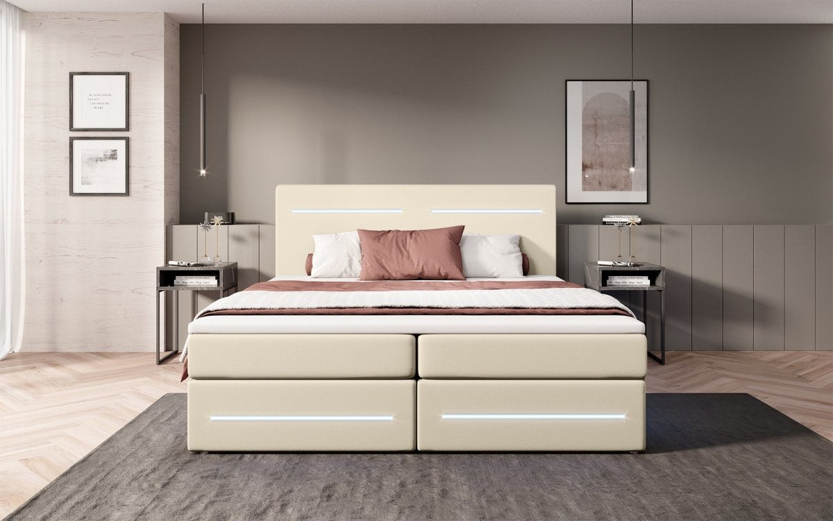 Luxuriöses Boxspringbett Evelyn mit Stauraum, LED-Beleuchtung & Kunstlederbezug für erholsamen Schlaf