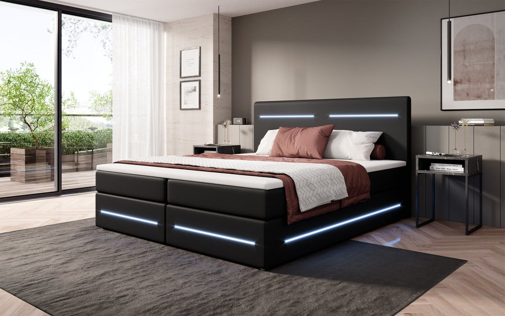 Luxuriöses Boxspringbett Evelyn mit Stauraum, LED-Beleuchtung & Kunstlederbezug für erholsamen Schlaf