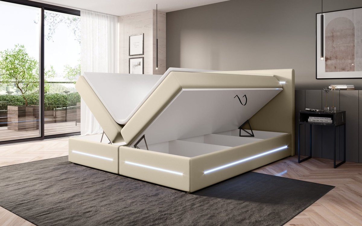 Luxuriöses Boxspringbett Evelyn mit Stauraum, LED-Beleuchtung & Kunstlederbezug für erholsamen Schlaf