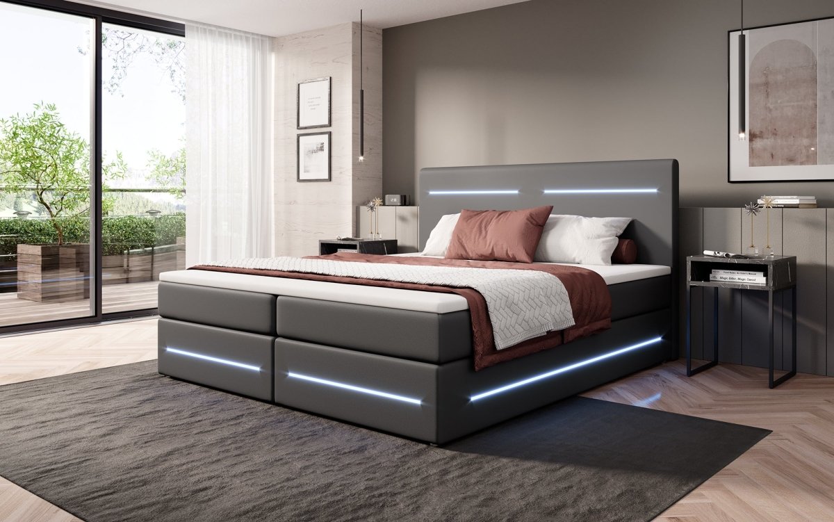 Luxuriöses Boxspringbett Evelyn mit Stauraum, LED-Beleuchtung & Kunstlederbezug für erholsamen Schlaf