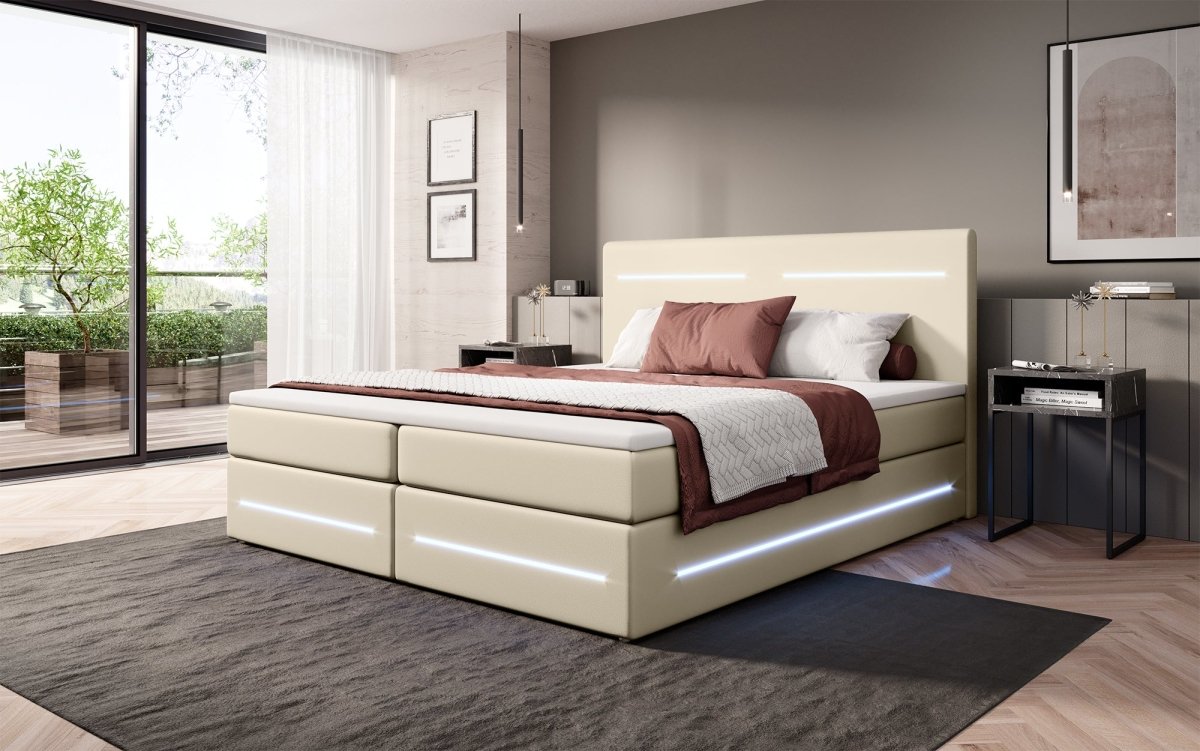Luxuriöses Boxspringbett Evelyn mit Stauraum, LED-Beleuchtung & Kunstlederbezug für erholsamen Schlaf