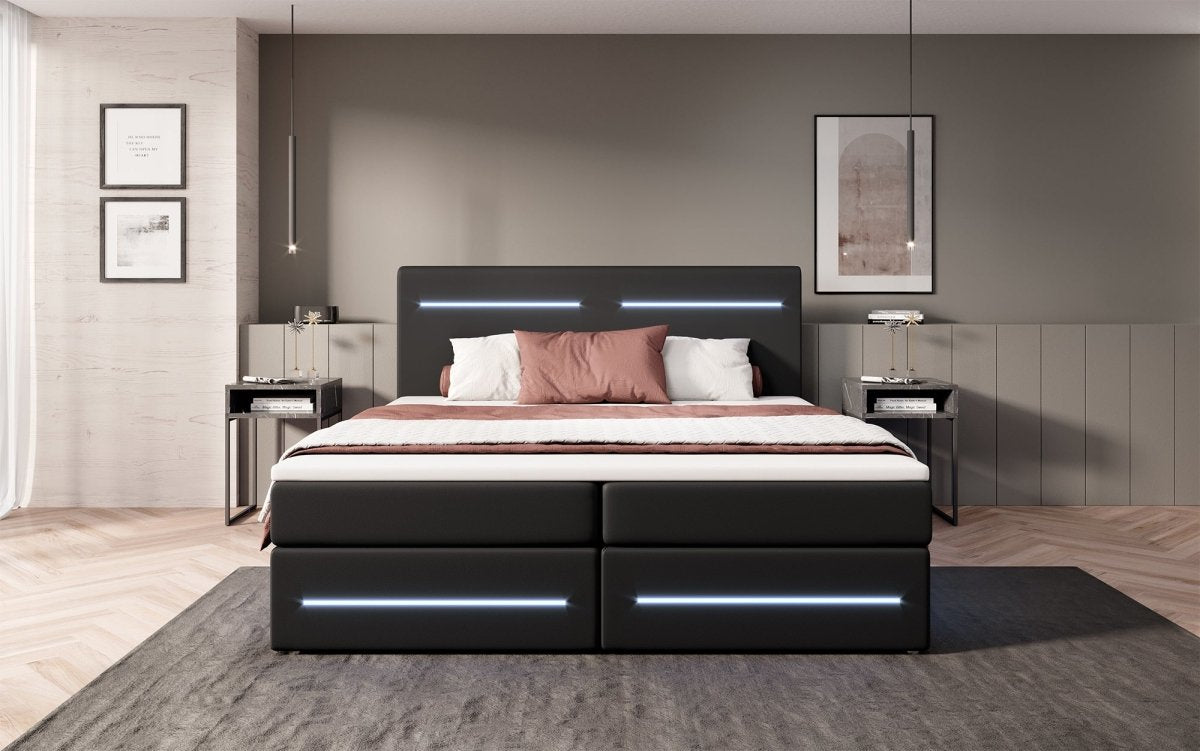 Luxuriöses Boxspringbett Evelyn mit Stauraum, LED-Beleuchtung & Kunstlederbezug für erholsamen Schlaf