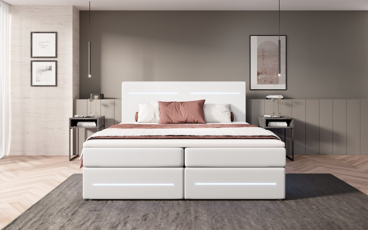 Luxuriöses Boxspringbett Evelyn mit Stauraum, LED-Beleuchtung & Kunstlederbezug für erholsamen Schlaf