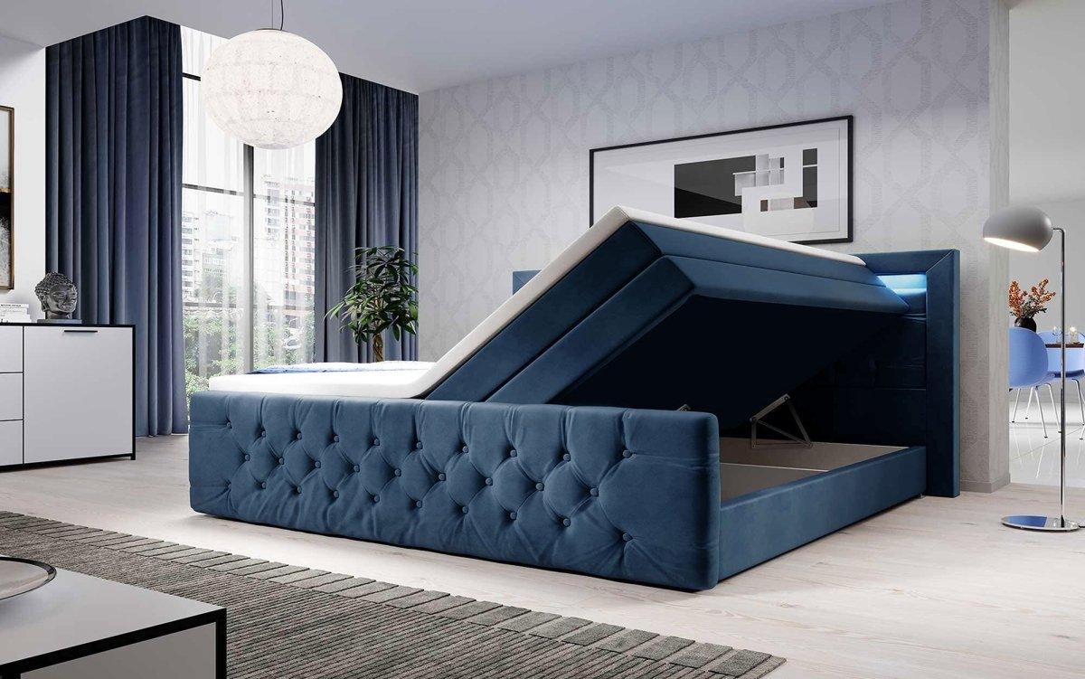 Luxuriöses Boxspringbett Gloria mit LED-Beleuchtung und Praktischem Stauraum – Samtbezug, Hoher Komfort