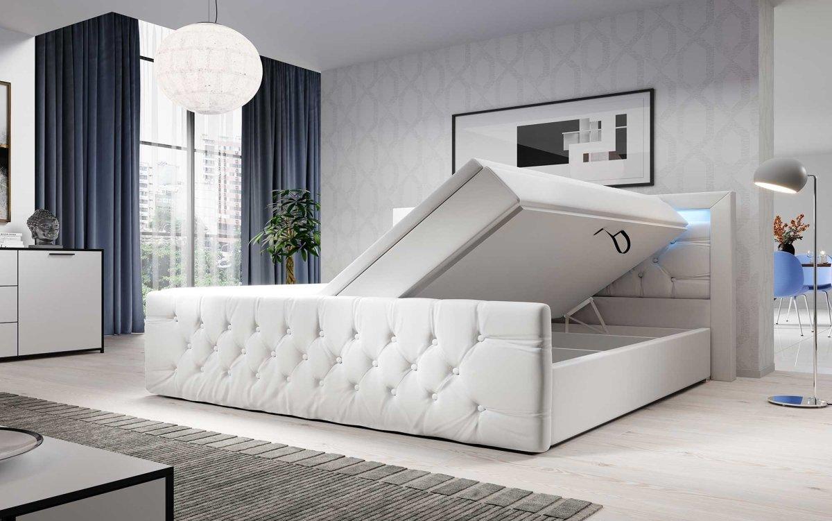 Luxuriöses Boxspringbett Gloria mit LED-Beleuchtung und Praktischem Stauraum – Samtbezug, Hoher Komfort