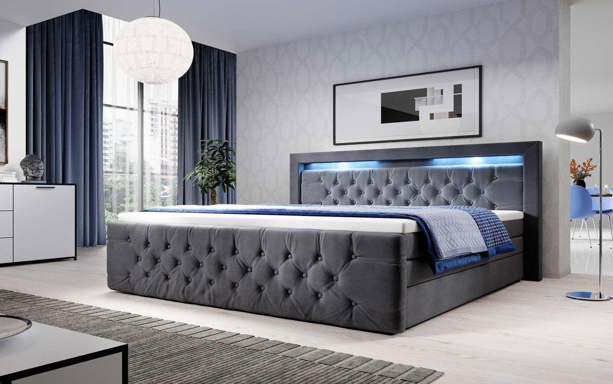 Luxuriöses Boxspringbett Gloria mit LED-Beleuchtung und Praktischem Stauraum – Samtbezug, Hoher Komfort