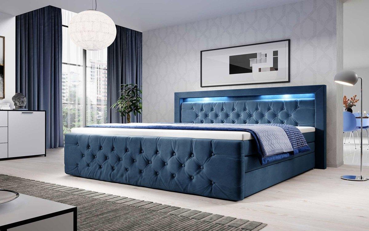 Luxuriöses Boxspringbett Gloria mit LED-Beleuchtung und Praktischem Stauraum – Samtbezug, Hoher Komfort