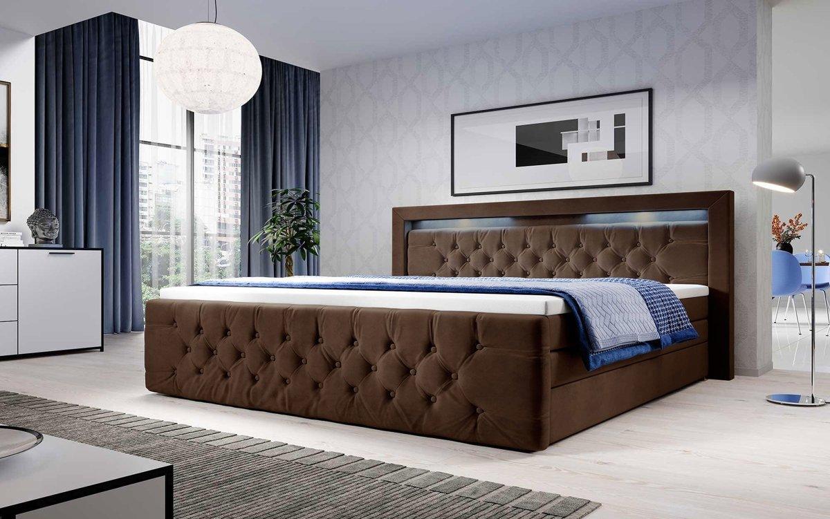 Luxuriöses Boxspringbett Gloria mit LED-Beleuchtung und Praktischem Stauraum – Samtbezug, Hoher Komfort