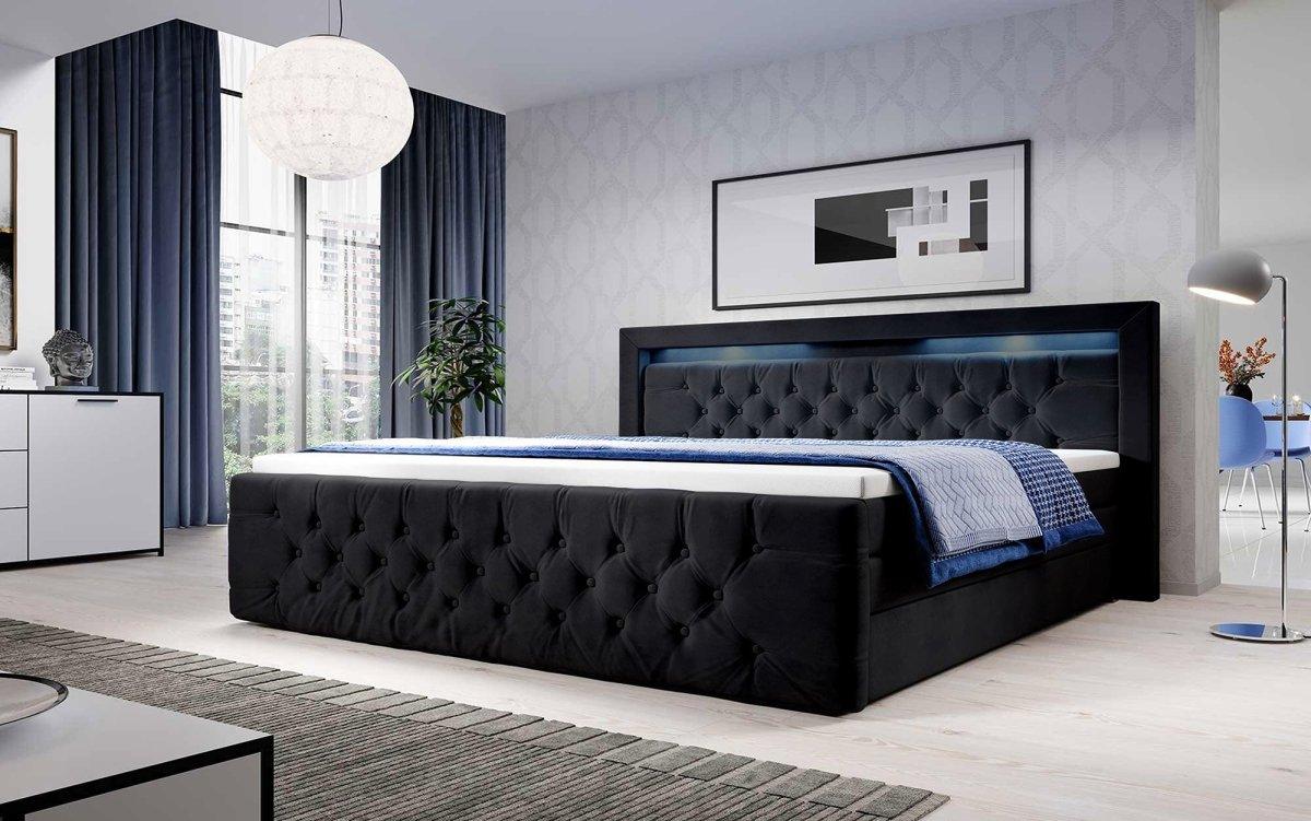 Luxuriöses Boxspringbett Gloria mit LED-Beleuchtung und Praktischem Stauraum – Samtbezug, Hoher Komfort