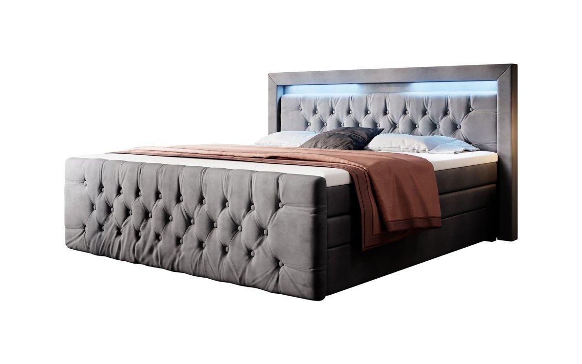 Luxuriöses Boxspringbett Gloria mit LED-Beleuchtung und Praktischem Stauraum – Samtbezug, Hoher Komfort