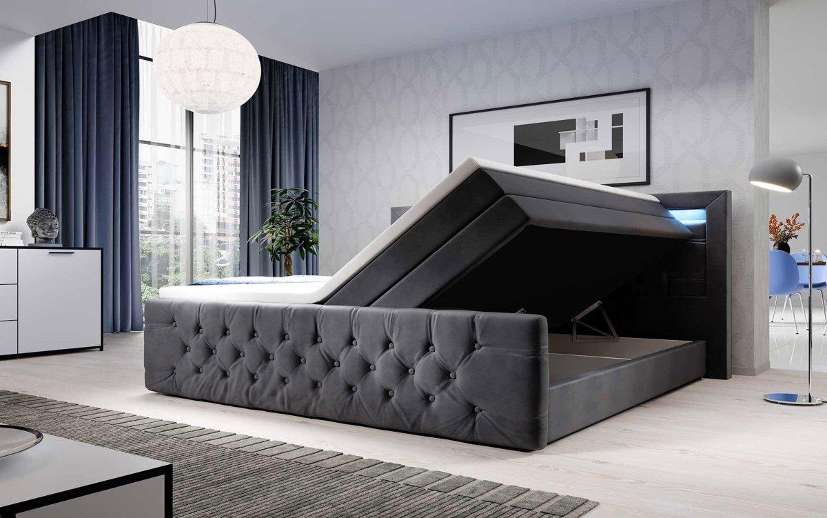 Luxuriöses Boxspringbett Gloria mit LED-Beleuchtung und Praktischem Stauraum – Samtbezug, Hoher Komfort
