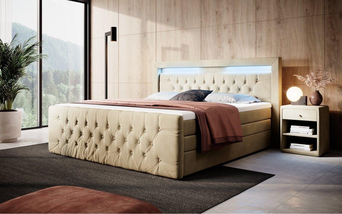 Luxuriöses Boxspringbett Gloria mit LED-Beleuchtung und Praktischem Stauraum – Samtbezug, Hoher Komfort