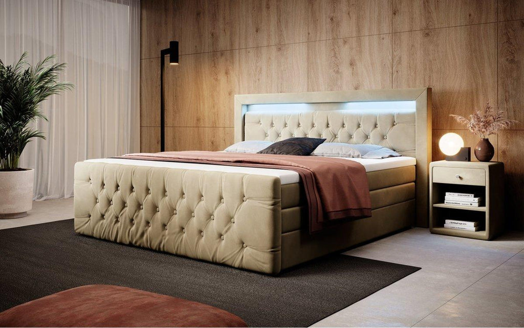 Luxuriöses Boxspringbett Gloria mit LED-Beleuchtung und Praktischem Stauraum – Samtbezug, Hoher Komfort