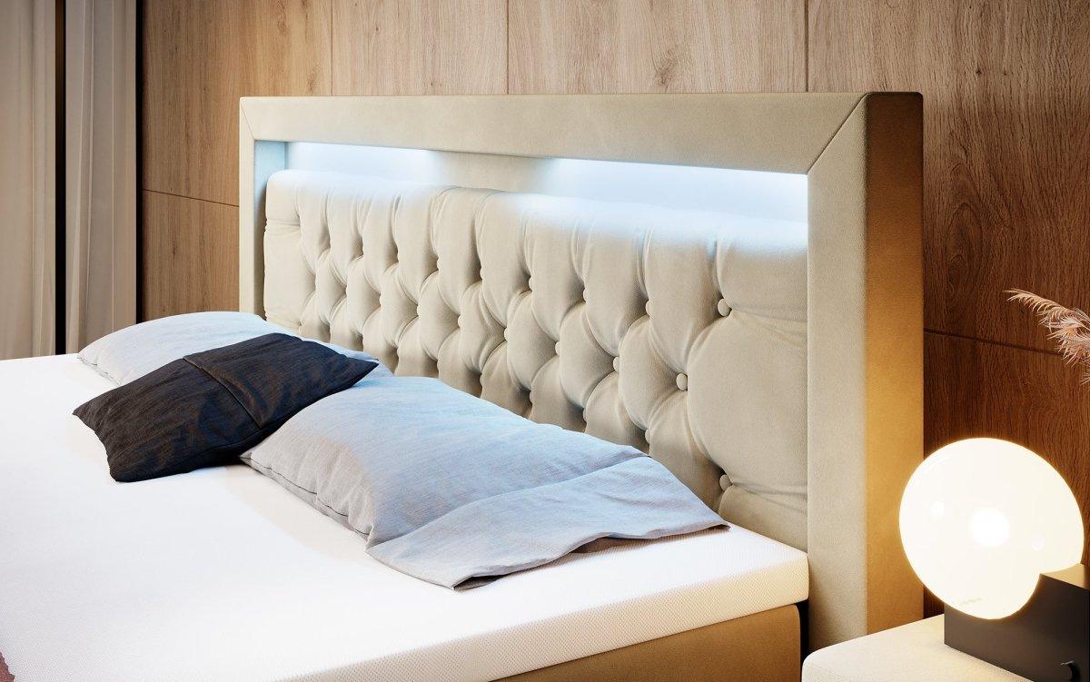 Luxuriöses Boxspringbett Gloria mit LED-Beleuchtung und Praktischem Stauraum – Samtbezug, Hoher Komfort