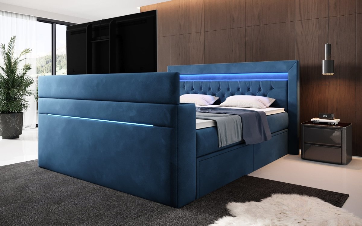 Luxuriöses Boxspringbett Jupiter: TV-Lift, RGB-Beleuchtung & Geräumiger Stauraum