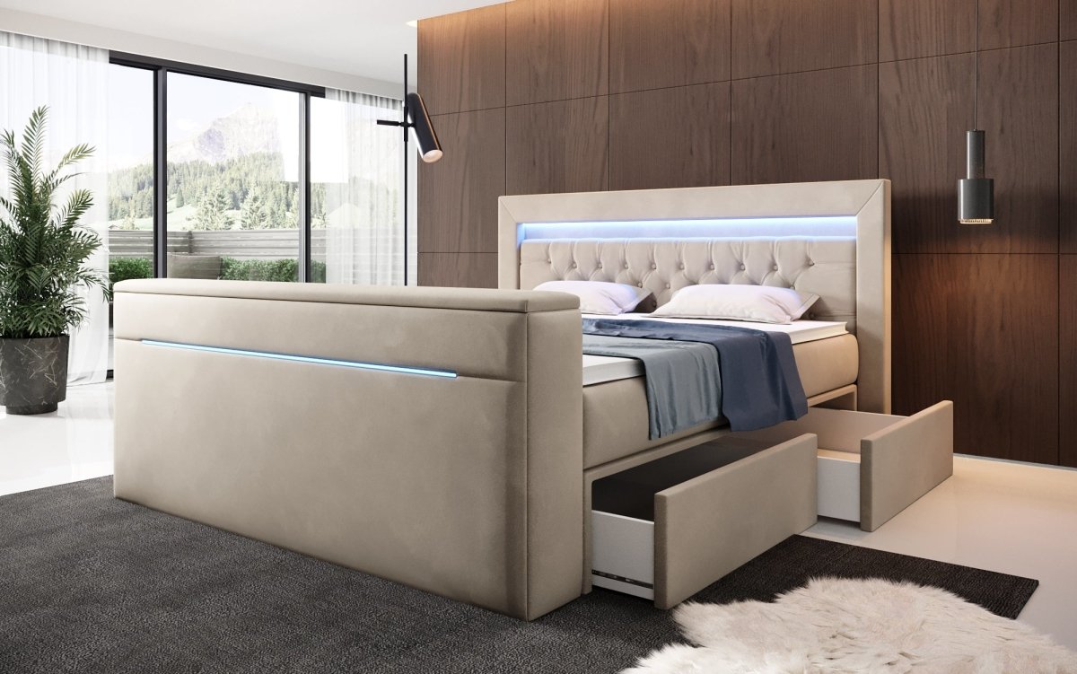 Luxuriöses Boxspringbett Jupiter: TV-Lift, RGB-Beleuchtung & Geräumiger Stauraum