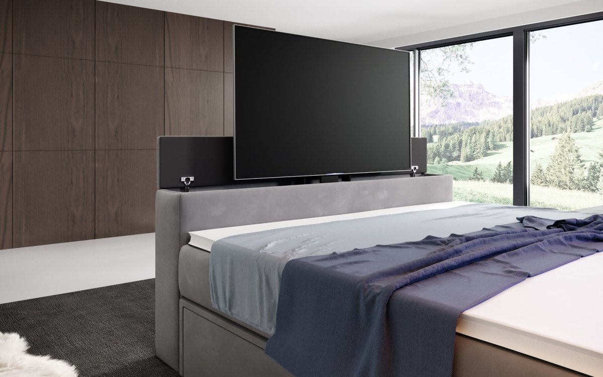 Luxuriöses Boxspringbett Jupiter: TV-Lift, RGB-Beleuchtung & Geräumiger Stauraum