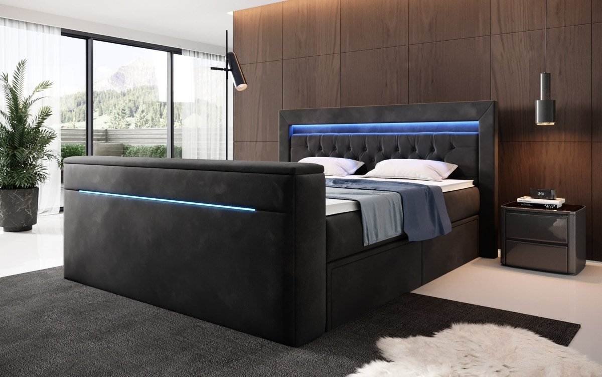 Luxuriöses Boxspringbett Jupiter: TV-Lift, RGB-Beleuchtung & Geräumiger Stauraum