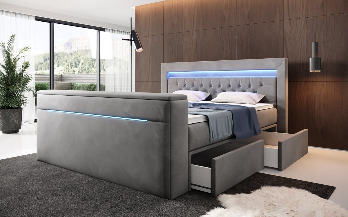 Luxuriöses Boxspringbett Jupiter: TV-Lift, RGB-Beleuchtung & Geräumiger Stauraum