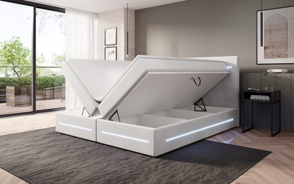 Luxuriöses Boxspringbett Lara: Samtbezug, LED-Beleuchtung, Praktischer Stauraum, Höchster Schlafkomfort