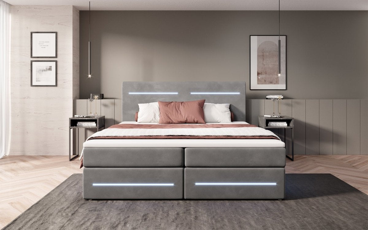 Luxuriöses Boxspringbett Lara: Samtbezug, LED-Beleuchtung, Praktischer Stauraum, Höchster Schlafkomfort