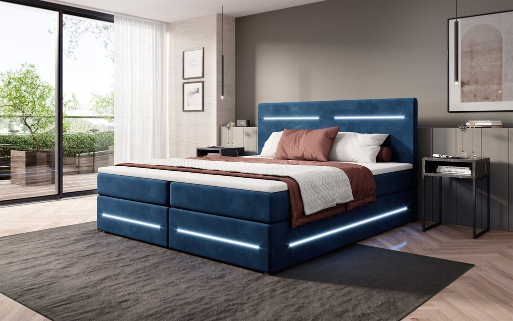 Luxuriöses Boxspringbett Lara: Samtbezug, LED-Beleuchtung, Praktischer Stauraum, Höchster Schlafkomfort