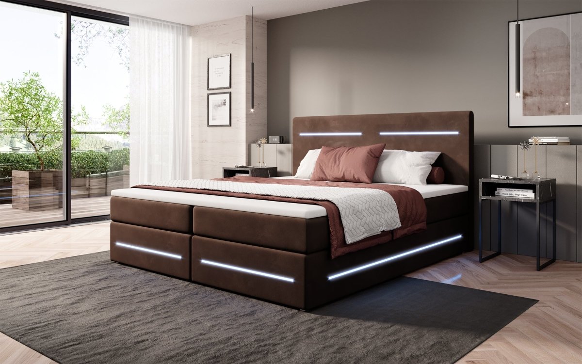 Luxuriöses Boxspringbett Lara: Samtbezug, LED-Beleuchtung, Praktischer Stauraum, Höchster Schlafkomfort