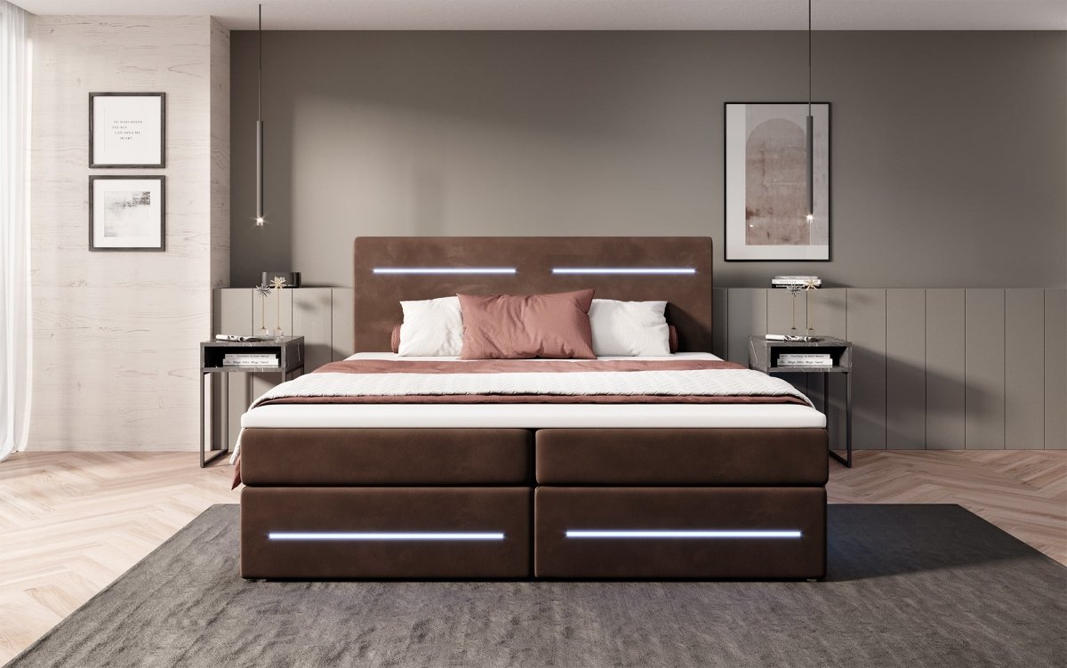 Luxuriöses Boxspringbett Lara: Samtbezug, LED-Beleuchtung, Praktischer Stauraum, Höchster Schlafkomfort