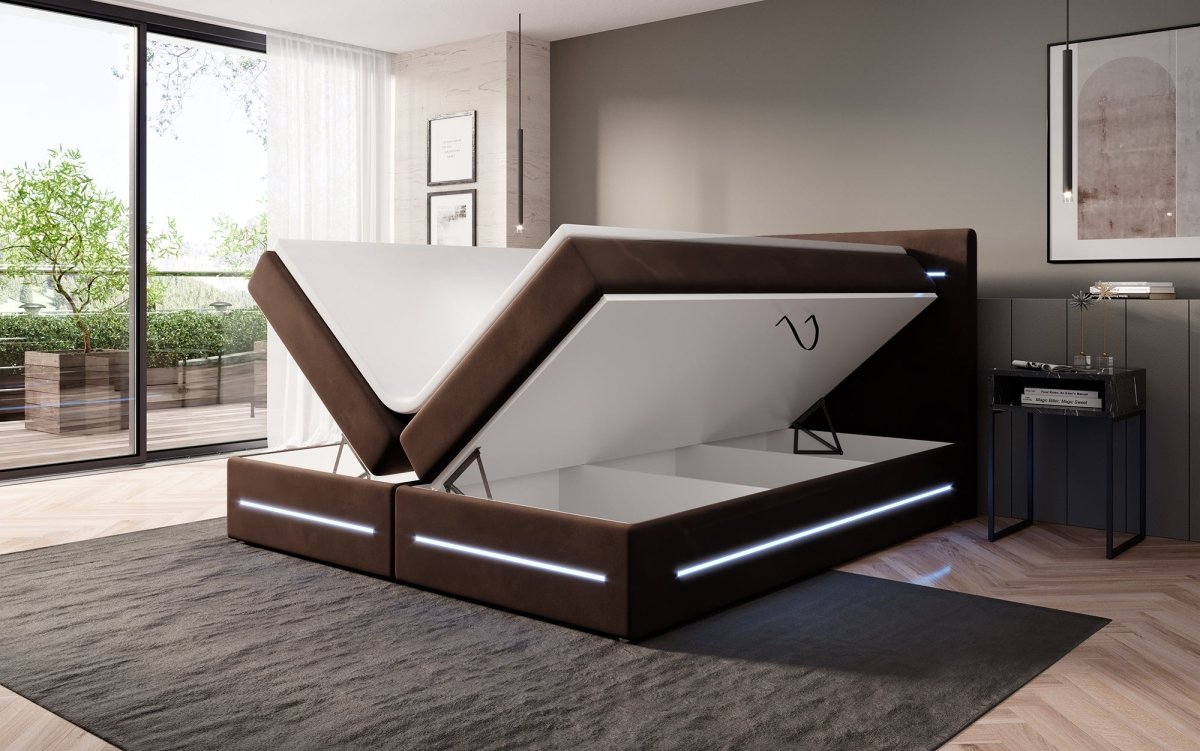 Luxuriöses Boxspringbett Lara: Samtbezug, LED-Beleuchtung, Praktischer Stauraum, Höchster Schlafkomfort