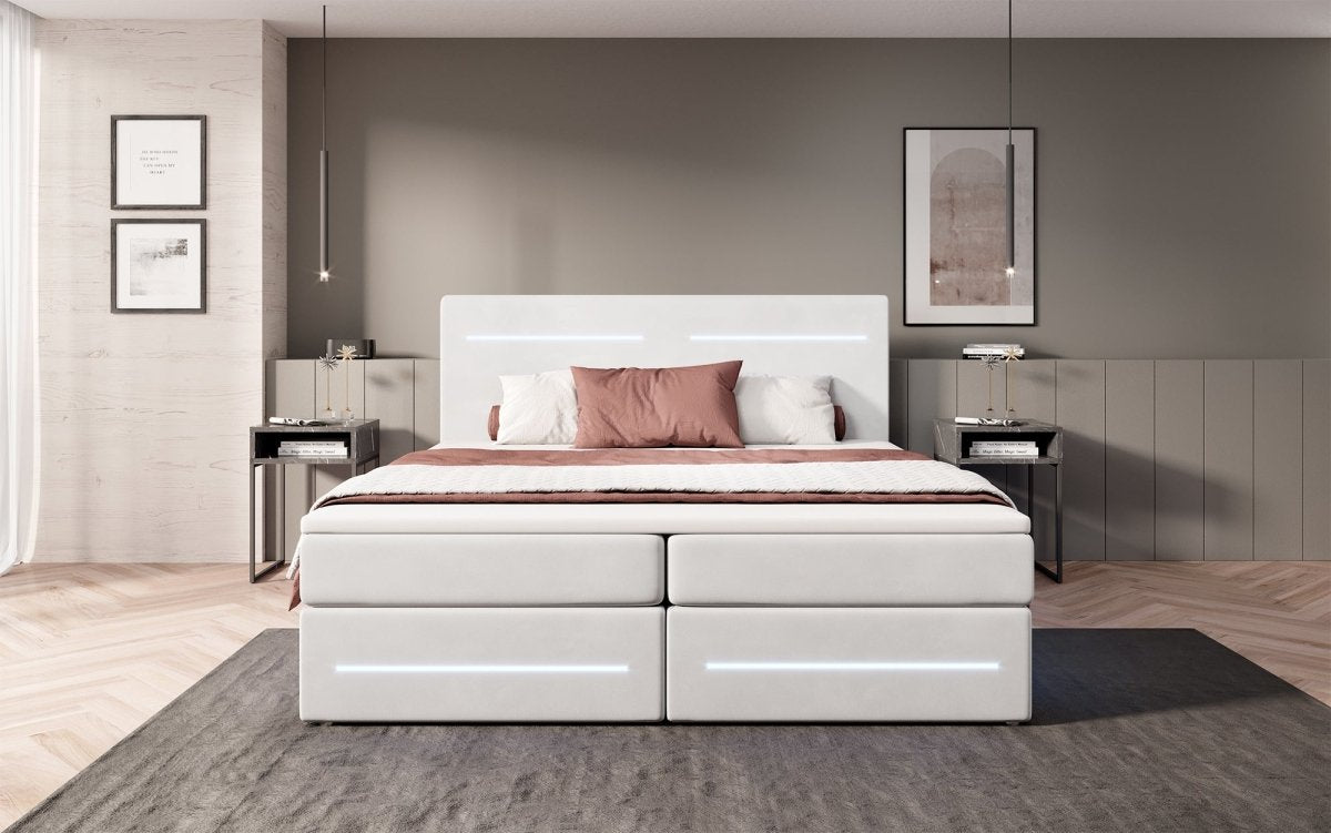 Luxuriöses Boxspringbett Lara: Samtbezug, LED-Beleuchtung, Praktischer Stauraum, Höchster Schlafkomfort