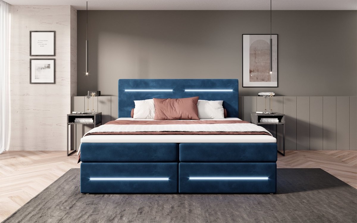 Luxuriöses Boxspringbett Lara: Samtbezug, LED-Beleuchtung, Praktischer Stauraum, Höchster Schlafkomfort