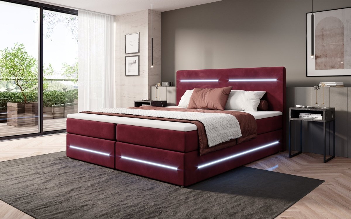 Luxuriöses Boxspringbett Lara: Samtbezug, LED-Beleuchtung, Praktischer Stauraum, Höchster Schlafkomfort