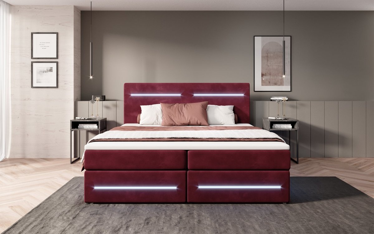 Luxuriöses Boxspringbett Lara: Samtbezug, LED-Beleuchtung, Praktischer Stauraum, Höchster Schlafkomfort