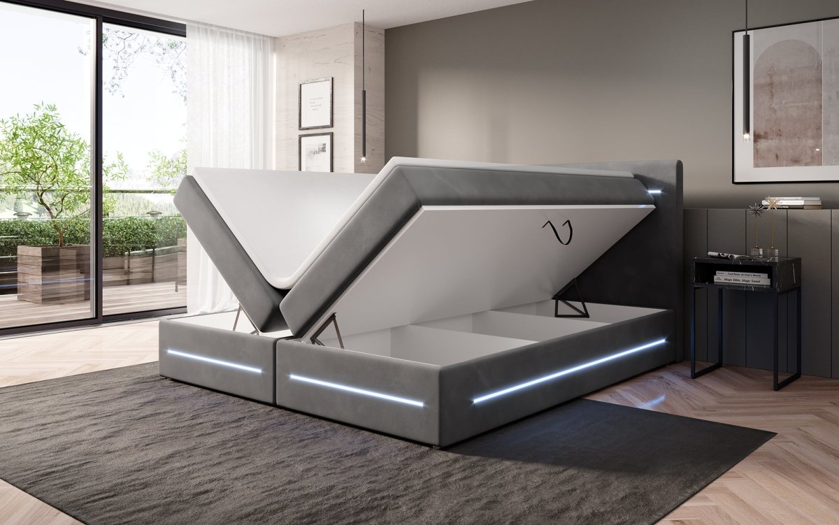 Luxuriöses Boxspringbett Lara: Samtbezug, LED-Beleuchtung, Praktischer Stauraum, Höchster Schlafkomfort