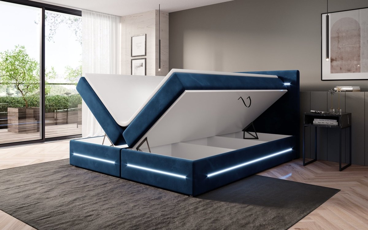 Luxuriöses Boxspringbett Lara: Samtbezug, LED-Beleuchtung, Praktischer Stauraum, Höchster Schlafkomfort