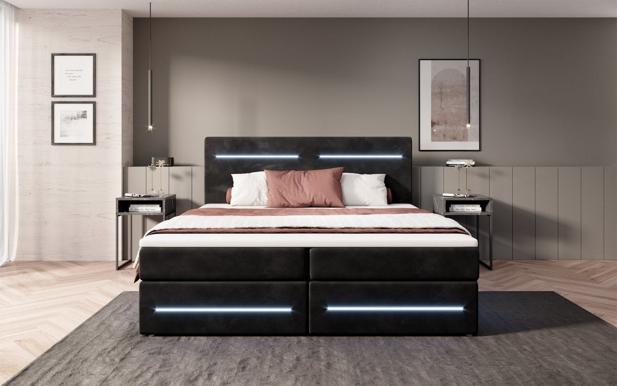 Luxuriöses Boxspringbett Lara: Samtbezug, LED-Beleuchtung, Praktischer Stauraum, Höchster Schlafkomfort