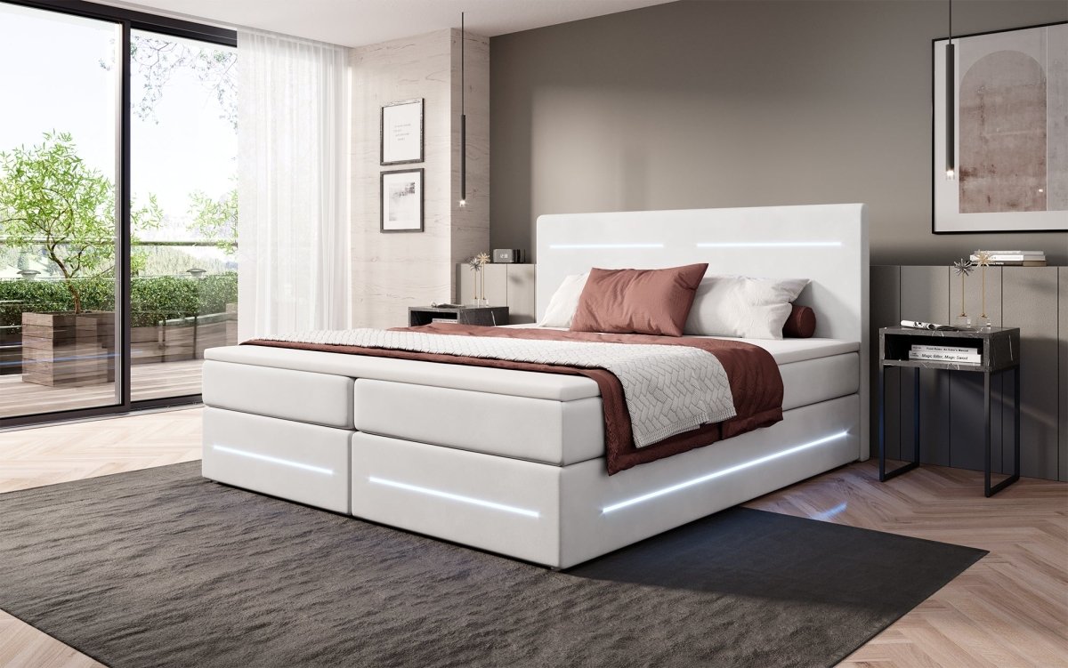 Luxuriöses Boxspringbett Lara: Samtbezug, LED-Beleuchtung, Praktischer Stauraum, Höchster Schlafkomfort