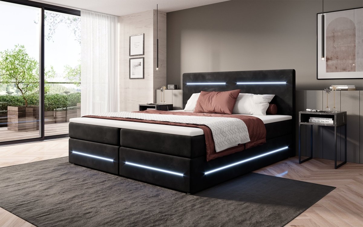 Luxuriöses Boxspringbett Lara: Samtbezug, LED-Beleuchtung, Praktischer Stauraum, Höchster Schlafkomfort