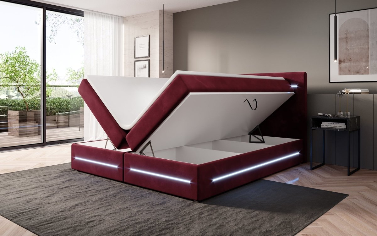 Luxuriöses Boxspringbett Lara: Samtbezug, LED-Beleuchtung, Praktischer Stauraum, Höchster Schlafkomfort